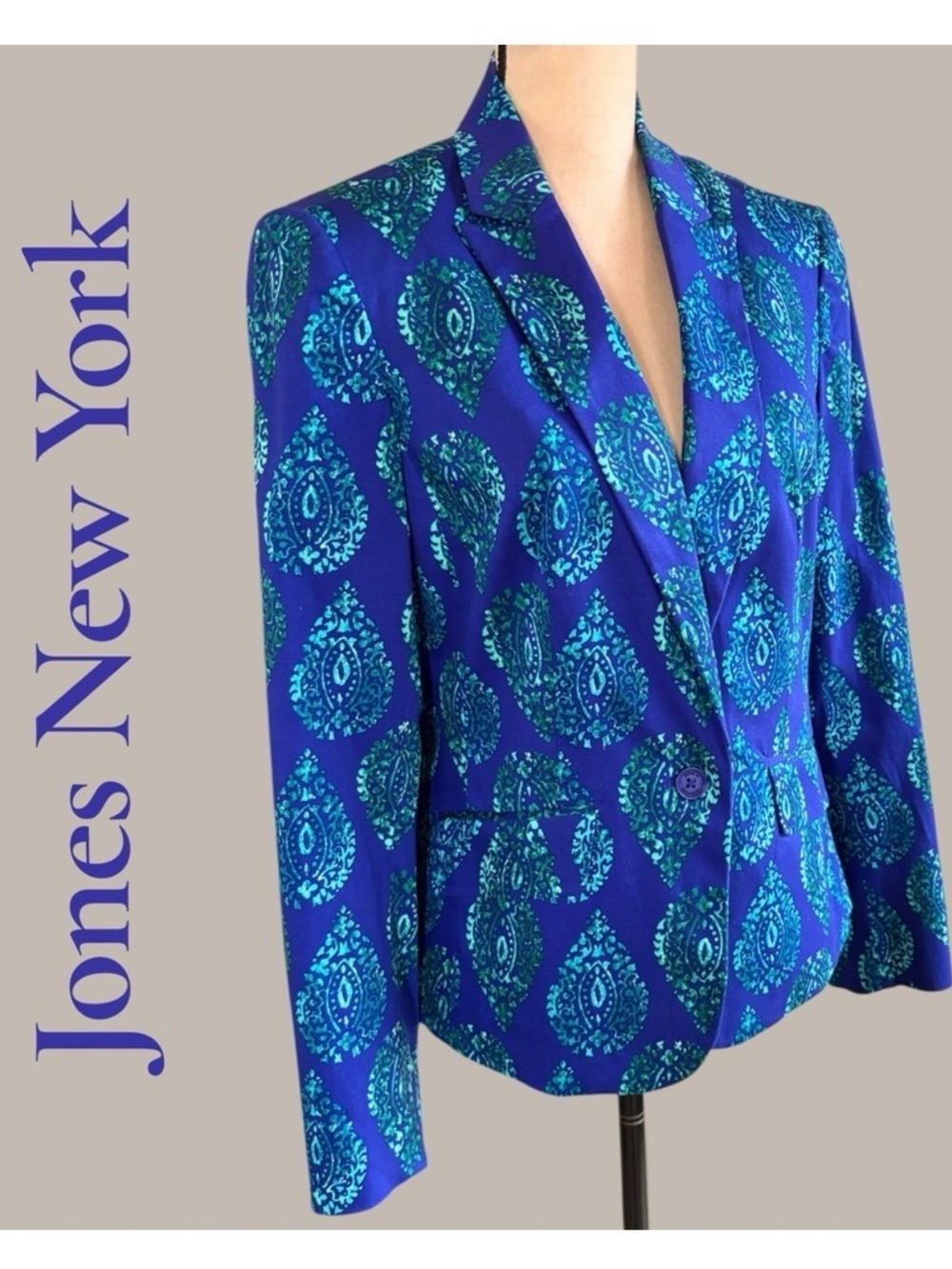 Jones New York Royal Purple Blazer with Teal Paisley Motif. Size 10. NWOT